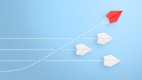 Change concepts with red paper airplane leading among white