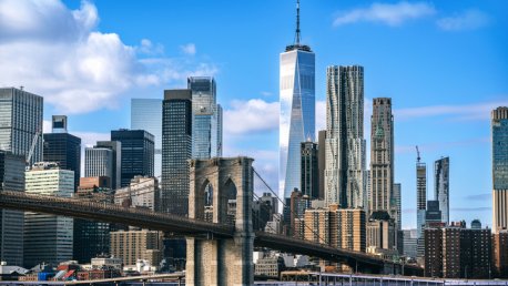 Iconic Brooklyn Bridge and Manhattan skyline Landscape in New York City